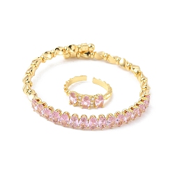 Бледно-Розовый Овальные латунные браслеты-манжеты и кольца с микропаве из кубического циркония для женщин, стойки покрытие, реальный 18 k позолоченный, розовый жемчуг, браслет: 7ширина мм, внутренний диаметр: 59.5x55 мм