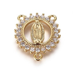 Прозрачный Латунные звенья из циркония, 3 Разъемы петли, религия, цветок с Девой Марией, прозрачные, золотые, 18.5x16x2.5 мм, отверстие : 1 мм