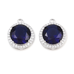 Azul Micro latón allanan colgantes cúbicos del zirconia, encantos redondos, Platino verdadero plateado, azul, 15.5x13x6.5 mm, agujero: 1.2 mm