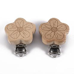BurlyWood Beech Wood Baby Pacifier Holder Clips, with Iron Clips, Flower, Platinum, BurlyWood, 53~55x40~41x17~18cm, Hole: 4.5mm