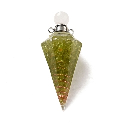 Перидот Подвески для флаконов духов из натурального перидота, подвески в виде граненых конусов из смолы с завинчивающейся крышкой из латуни с платиновым покрытием, 46.5~48x19~20x17~18 мм, отверстие : 1.8 мм