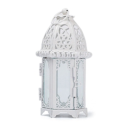 White Elements of Ramadan Lantern Shape Iron with Glass Candlestick, Metal Wind Lamp Decoration Ornament, White, 7x6.2x15.8cm