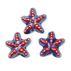 Steel Blue Handmade Porcelain Beads, Hand Painted, Famille Rose Porcelain, Starfish with Polka Dot, Steel Blue, 17.5x17.5x6mm, Hole: 1.8mm