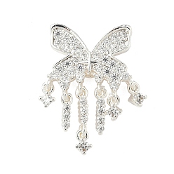 Серебро Латунные микропаве прозрачные подвески с фианитом, бабочка, серебряные, 26x17.5x4 мм, отверстие : 1.4 мм