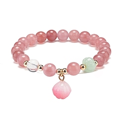 Pink Natural Strawberry Quartz & Quartz Crystal Round Beaded Stretch Bracelet, Gemstone Bracelet with Glass Flower Charms for Women, Pink, Inner Diameter: 2-1/8 inch(5.4cm)