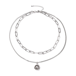 Stainless Steel Color Non-Tarnish 304 Stainless Steel Double Chains Multi Layered Necklace with Knot Charm for Women, Stainless Steel Color, 16.34 inch(41.5cm)