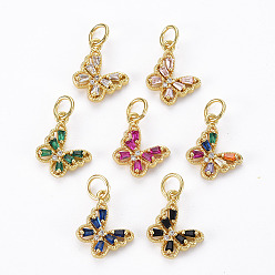Mixed Color Brass Cubic Zirconia Charms, with Glass and Jump Ring, Real 16K Gold Plated, Butterfly, Nickel Free, Mixed Color, 10x11x3mm, Hole: 3mm, Jump Ring: 5x1mm, 3mm inner diameter