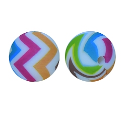 Colorful Round with Stripe Print Pattern Food Grade Silicone Beads, Silicone Teething Beads, Colorful, 15mm