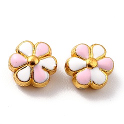 Pearl Pink Alloy Enamel Beads, Long-Lasting Plated, Flower, Real 18K Gold Plated, Pearl Pink, 8x7.5x5mm, Hole: 1.2mm