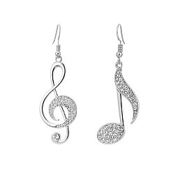 Platinum Alloy with Glass Dangle Earrings, Musical Note Asymmetrical Earrings, Platinum, 35mm