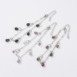 Mixed Stone Faceted Natural Gemstone Anklets, with Brass Findings and 316 Surgical Stainless Steel Curb Chains, 8-5/8 inch(220mm)