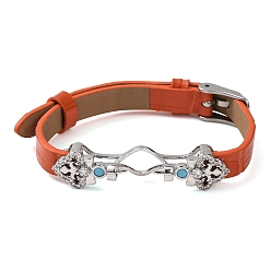 Коралловый Регулируемый браслет из коровьей кожи для изготовления бусин, с фурнитурой в виде цветов из латуни, инкрустированной микрофиброй и синтетическим бирюзовым камнем, и застежками из нержавеющей стали., цвет нержавеющей стали, коралл, пригодный для 304 мм бусы, 11 дюйм (9.61 см)