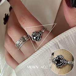 Flower Jet Rhinestone Open Cuff Ring, Platinum Brass Jewelry for Women, Rose Pattern, US Size 8(18.1mm)
