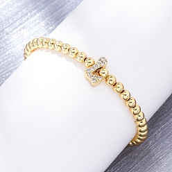 Letter L Латунные круглые бусины эластичные браслеты, Подвеска в виде буквы из латуни с микропаве из прозрачного кубического циркония для женщин, без свинца и без кадмия, стойки покрытие, реальный 18 k позолоченный, Письмо L, внутренний диаметр: 2~2-1/8 дюйм (5~5.5 см)