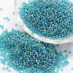 Sky Blue 12/0 Round Glass Seed Beads, Grade A, Transparent Colours Rainbow, Sky Blue, 1.8~2.0mm, Hole: 0.8mm, about 28000pcs/pound