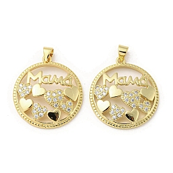 Flat Round Mother's Day Theme Rack Plating Brass Micro Pave Cubic Zirconia Pendants, Long-Lasting Plated, Lead Free & Cadmium Free, Flat Round, 27x24.5x5mm, Hole: 5x3mm