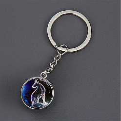 Capricorn Luminous Glass Pendant Keychain, with Alloy Key Rings, Glow In The Dark, Round with Constellation, Capricorn, 8.1cm