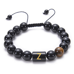 Z Natural Black Agate Beaded Bracelet Adjustable Women's Handmade Alphabet Stone Strand Jewelry