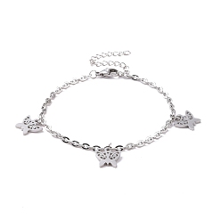 Stainless Steel Color Tarnish Resistant 304 Stainless Steel Butterfly Charm Bracelet with Cable Chains for Women, Stainless Steel Color, 7-1/8 inch(18cm)