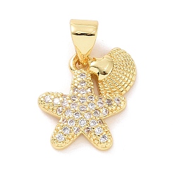 Clear Brass Micro Pave Cubic Zirconia Charms, Starfish with Shell Shape Charm, Real 18K Gold Plated, Clear, 13.5x13x2.5mm, Hole: 3x4mm
