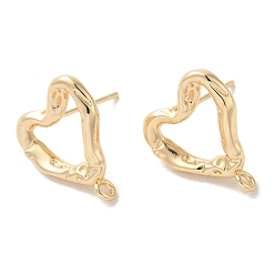 Heart Golden Brass Stud Earring Findings, with Loops and 925 Sterling Silver Pins, Heart, 16x14mm, Hole: 1.5mm, Pin: 11x0.7mm