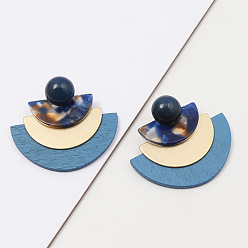 Blue Chic Resin Half Circle Wood Copper Pearl Inlay Earrings Studs for Fashionable and Personal Style