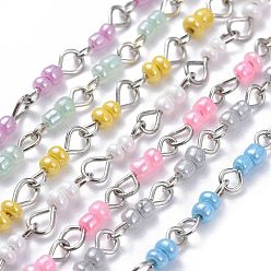 Mixed Color Handmade Glass Seed Beaded Chains, with Iron Eye Pins, Platinum, Unwelded, Mixed Color, 39.37 inch(1m), Link: 3~4x13.5x0.8~3mm, 1m/strand