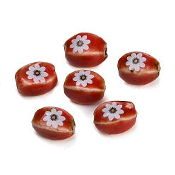 Rouge Foncé Perles de porcelaine à la main imprimés, ovale avec des fleurs, rouge foncé, 13~13.5x9x8.5~9mm, Trou: 2.5mm