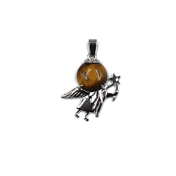 Tiger Eye Natural Tiger Eye Pendants, Antique Silver Plated Alloy Angel Charms, 36x28mm