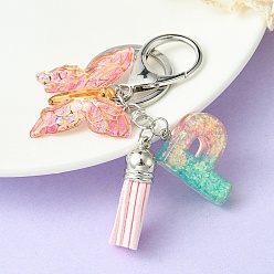 Letter P Resin & Acrylic Keychains, with Alloy Split Key Rings and Faux Suede Tassel Pendants, Letter & Butterfly, Letter P, 8.6cm