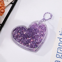 Purple Heart Acrylic Quicksand Keychain, Glitter Chasing Pendant Decorations Sticker Keychain, with Ball Chains, Purple, 65x50mm