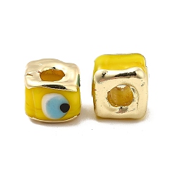 Yellow Brass Enamel Beads, Long-Lasting Plated, Real 18K Gold Plated, Square with Evil Eye Pattern, Yellow, 10~12x10~12x8~9mm, Hole: 4~4.5mm