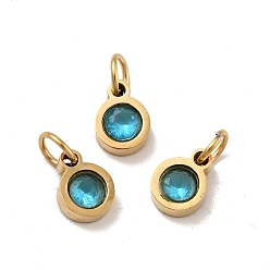 Cyan Vacuum Plating 304 Stainless Steel Pendants, with Cubic Zirconia and Jump Rings, Single Stone Charms, Flat Round, Golden, Cyan, 7.5x5.5x2.5mm, Hole: 3.6mm