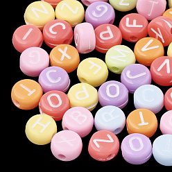 Mixed Color Opaque Acrylic Beads, Horizontal Hole, Mixed Letters, Flat Round with Letter, Random Letters, Mixed Color, 7x4mm, Hole: 1.5mm, about 3700pcs/500g