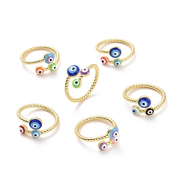 Mixed Color Enamel Evil Eye Open Cuff Ring, Light Gold Plated Brass Jewelry for Women, Cadmium Free & Lead Free, Mixed Color, US Size 8 1/2(18.5mm)