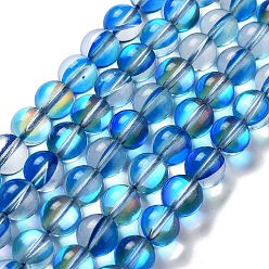 Bleu Brins synthétiques de perles de lune, ronde, bleu, 10mm, Trou: 1mm, Environ 19 pcs/chapelet, 7.48 pouce (19 cm)