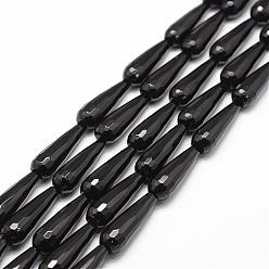 Black Onyx Natural Black Onyx Beads Strands, Grade A, Dyed & Heated, Faceted, Teardrop, 25x8mm, Hole: 1mm, about 16pcs/strand, 15.16 inch~15.35 inch