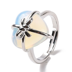 Опал Опаловое сердце с регулируемым кольцом с бантом, украшения из латунной проволоки для женщин, без кадмия и без свинца, платина, размер США 7 1/4~13 (17.5~22.3 мм)