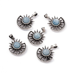 Aquamarine Natural Aquamarine Pendants, Sun Charms, with Antique Silver Color Brass Findings, 23x19x8mm, Hole: 4x3.5mm