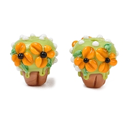 Verde Claro Hechos a mano de cristal de murano con baches, cupcake con flor, verde claro, 15x16.5x17 mm, agujero: 1.6 mm