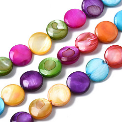 Mixed Color Natural Freshwater Shell Beads Strands, Dyed, Flat Round, Mixed Color, 8~9x2~3mm, Hole: 0.8mm, about 44~45pcs/strand, 15.35 inch(39cm)
