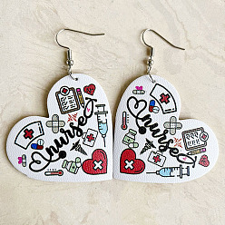 Medical Theme Heart with Word Nurse Alloy Dangle Earrings for Women, Medical Theme Pattern, 53mm