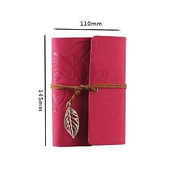 Cerise PU Leather Cover Binder Notebooks, Travel Journal, with String, Leaf Pendants & Kraft Paper, Rectangle, Cerise, 145x110mm