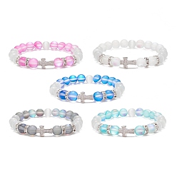 Mixed Color 5Pcs 5 Color Synthetic Moonstone & Cat Eye & Cubic Zirconia Cross Beaded Stretch Bracelet for Women, Mixed Color, Inner Diameter: 2-1/8 inch(5.5cm), 1Pc/color
