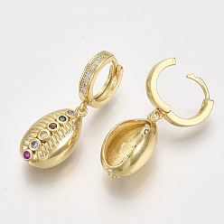 Golden Brass Micro Pave Cubic Zirconia Leverback Earrings, Cowrie, Colorful, Golden, 34mm, Pin: 1mm