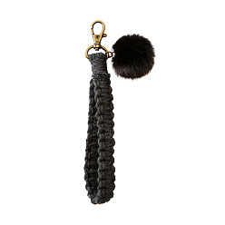 Black Handmade Macrame Braided Cotton Cord Pendant Decorations, Boho Weave Wristlet with Fur Ball and Alloy Clasp, Black, Perimeter: 230mm