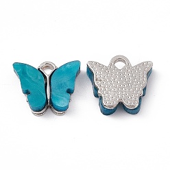 Dark Turquoise Acrylic Charms, with Platinum Tone Alloy Finding, Butterfly Charm, Dark Turquoise, 13x14x3mm, Hole: 2mm