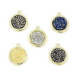 Mixed Color Rhinestone Pendants, with Light Gold Plated Brass Findings, Flat Round, Cadmium Free & Lead Free, Mixed Color, 20x17x3mm, Hole: 1.8mm
