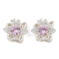 Pink Многожильные звенья из латуни с паве из кубического циркония, долговечный, цветок, серебряный цвет гальваническим, розовые, 13x11.5x6 мм, отверстие : 1.9 мм