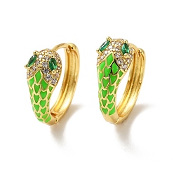 Зеленый газон Серьги-кольца со змеей из кубического циркония с эмалью, серьги на петлях из настоящей позолоченной латуни 18k для женщин, без кадмия и без свинца, зеленый газон, 16x17.5x7 мм, штифты : 0.8 мм